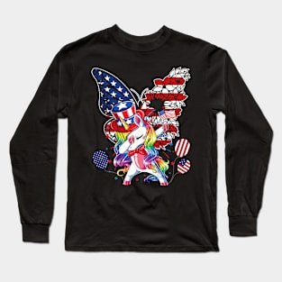 Dabbing Unicorn 4th of July Butterfly Girls Kids Women American Long Sleeve T-Shirt